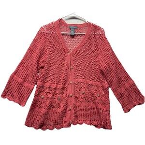 Koret Womens Size XL Crochet Cardigan Ramie Cotton Pink Boho Cottage Beaded